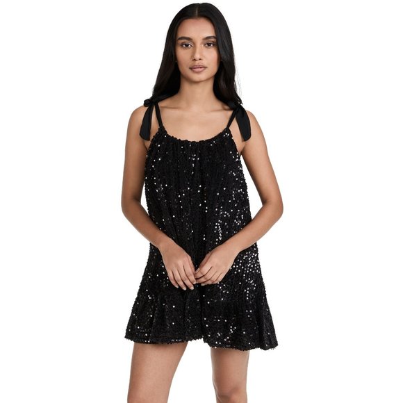 Free People Dresses & Skirts - Free People Nova Black Sequined Tie Shoulder Mini Dress Women's Size Large L
